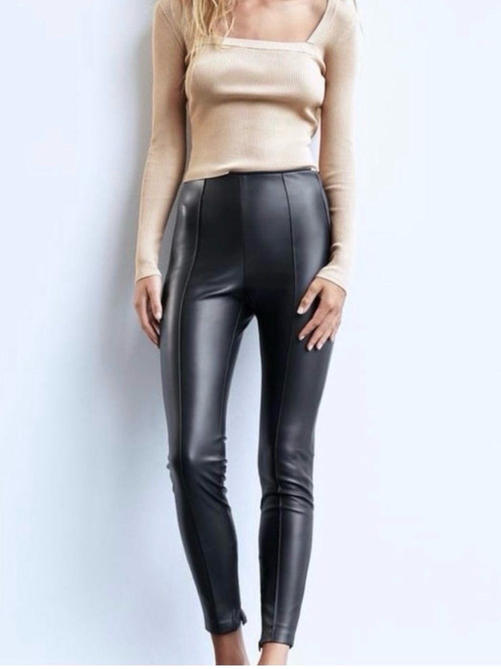 Zara High-Waist Black Faux Pleated Leather Pants